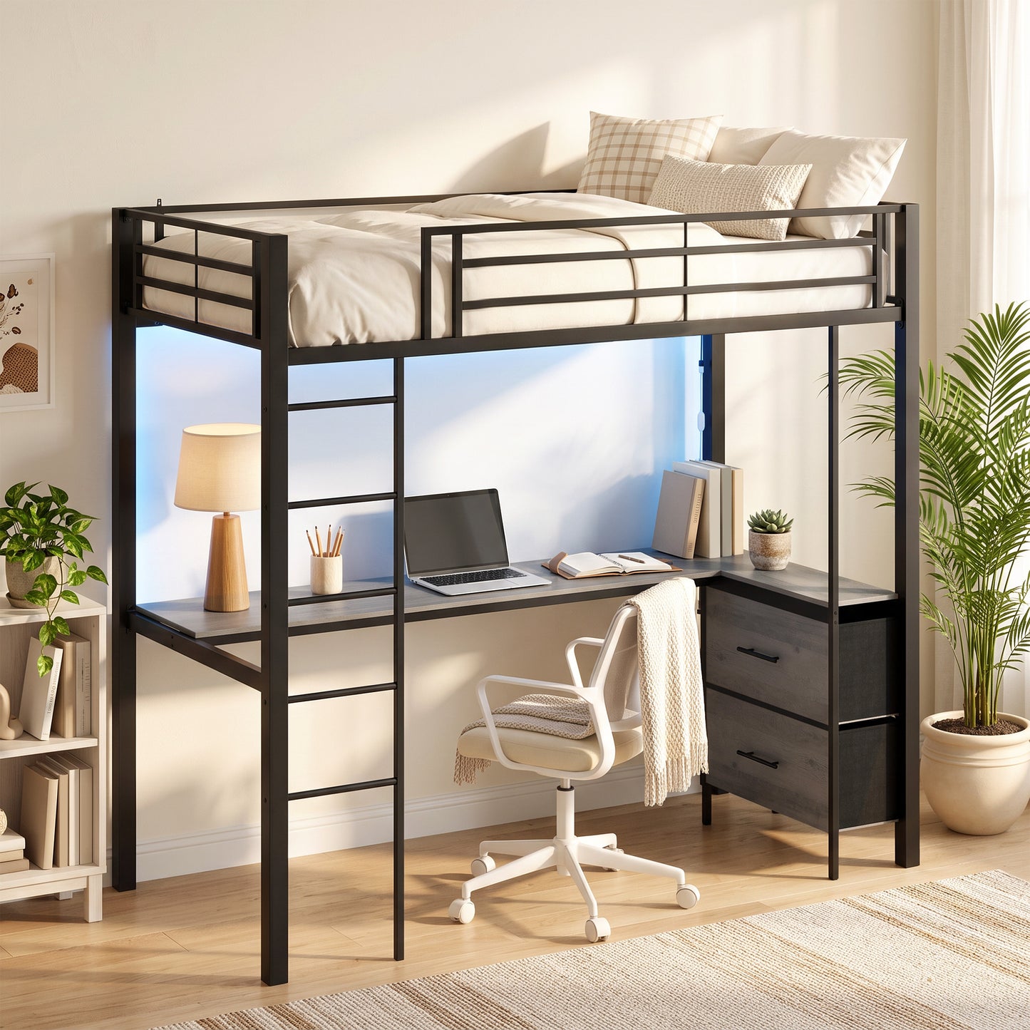Metal Bunk Bed with Desk, High Sleeper with LED Light and Safety Guardrail