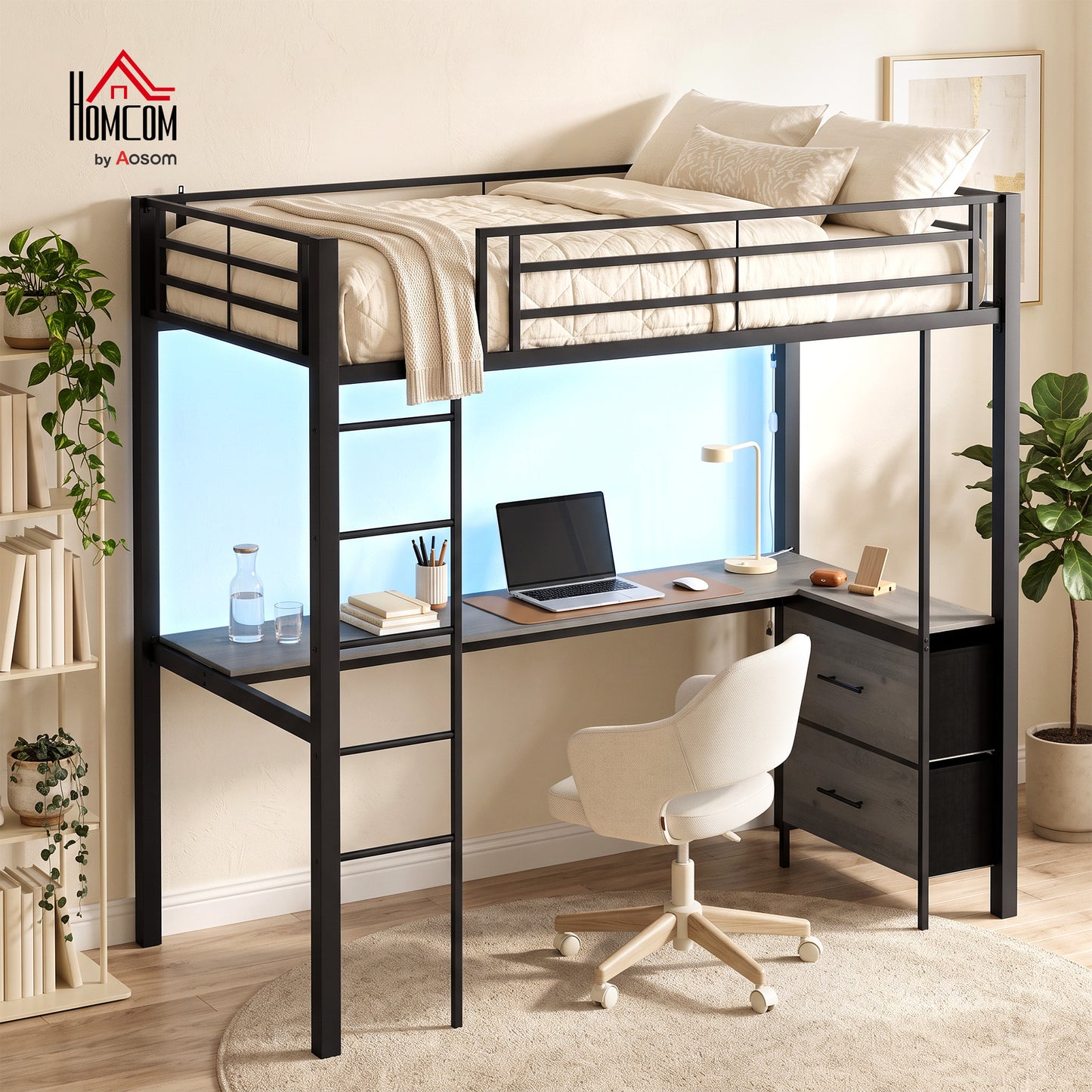 Metal Bunk Bed with Desk, High Sleeper with LED Light and Safety Guardrail