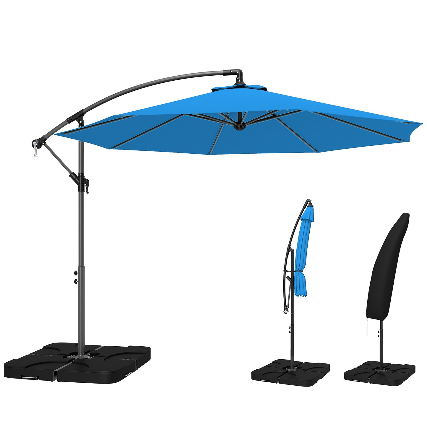 3(m) Banana Parasol Cantilever Umbrella Garden w/ Base Weights - Blue