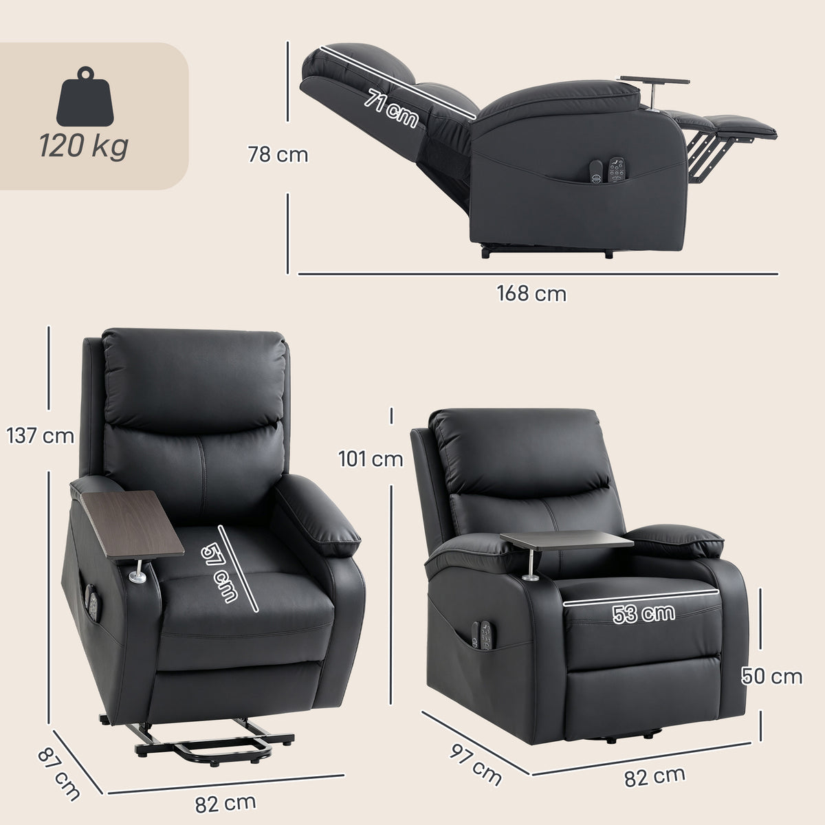 Faux Leather Electric Riser Recliner with Massage, Heat and Side Table - Black