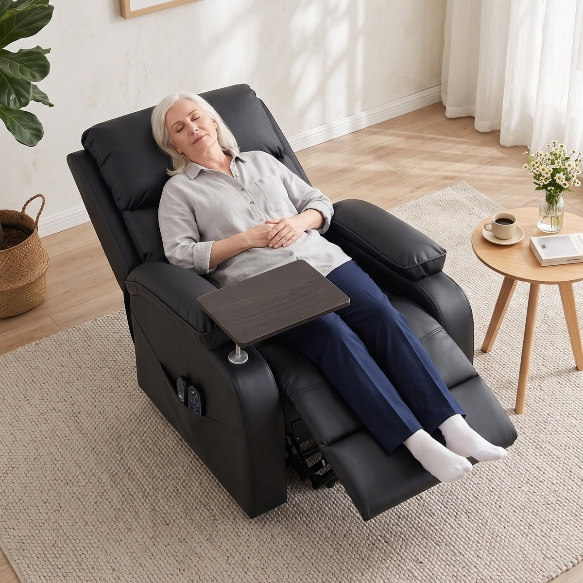 Faux Leather Electric Riser Recliner with Massage, Heat and Side Table - Black