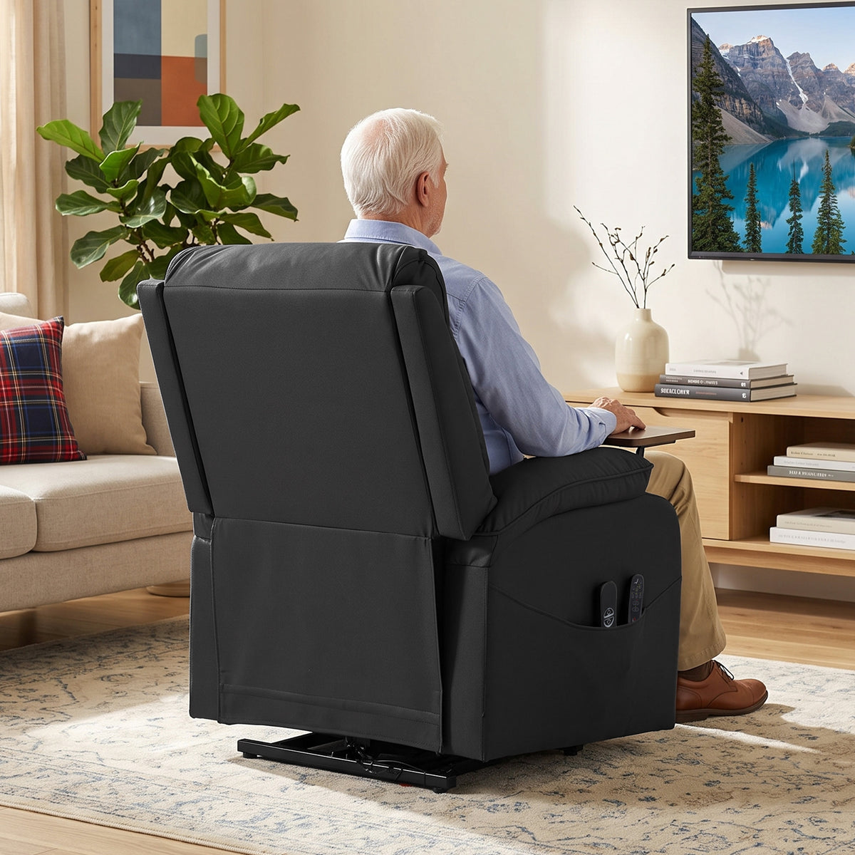 Faux Leather Electric Riser Recliner with Massage, Heat and Side Table - Black