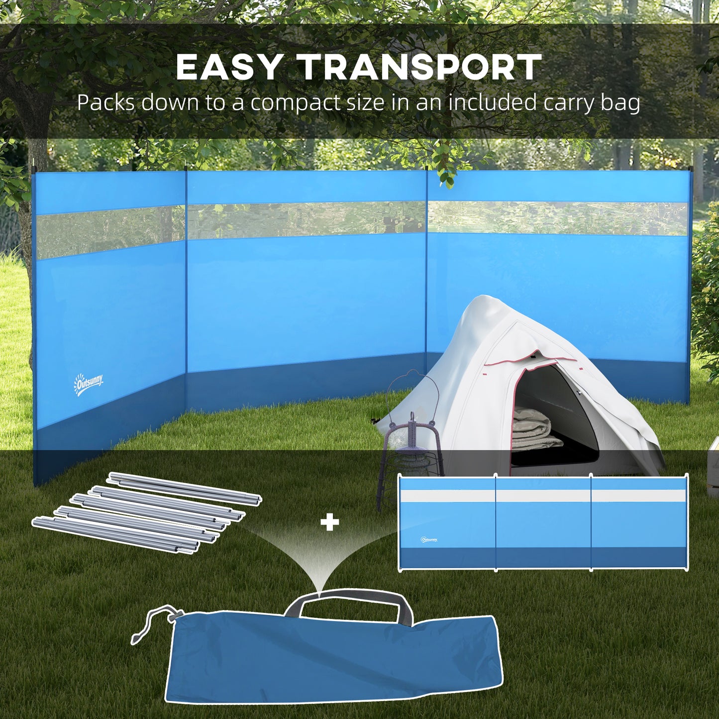 Beach/Camping Windbreaks with Clear Windows and Carry Bag, 440 x 140cm, Blue