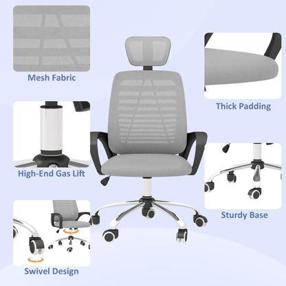 Ergonomic Office Chair, Mesh Desk Chair with Rotatable Headrest, Lumbar Back Support, Armrest, Grey