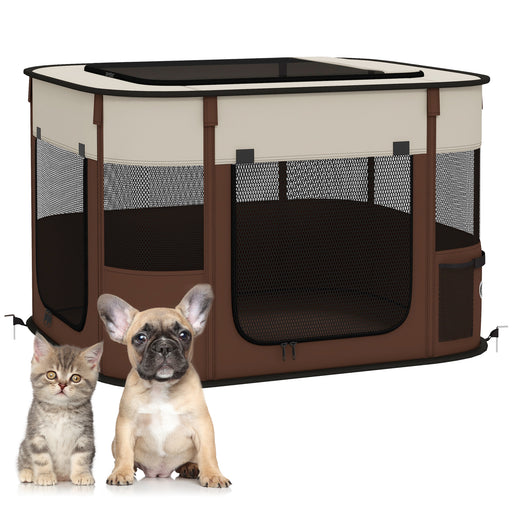 Portable Dog Pen for Puppies, Rabbits, Kittens, Guinea Pigs - Brown