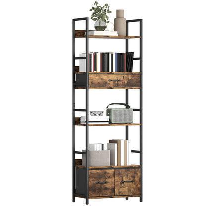 Industrial Bookshelf with 4 Shelves and 3 Fabric Drawers Rustic Brown