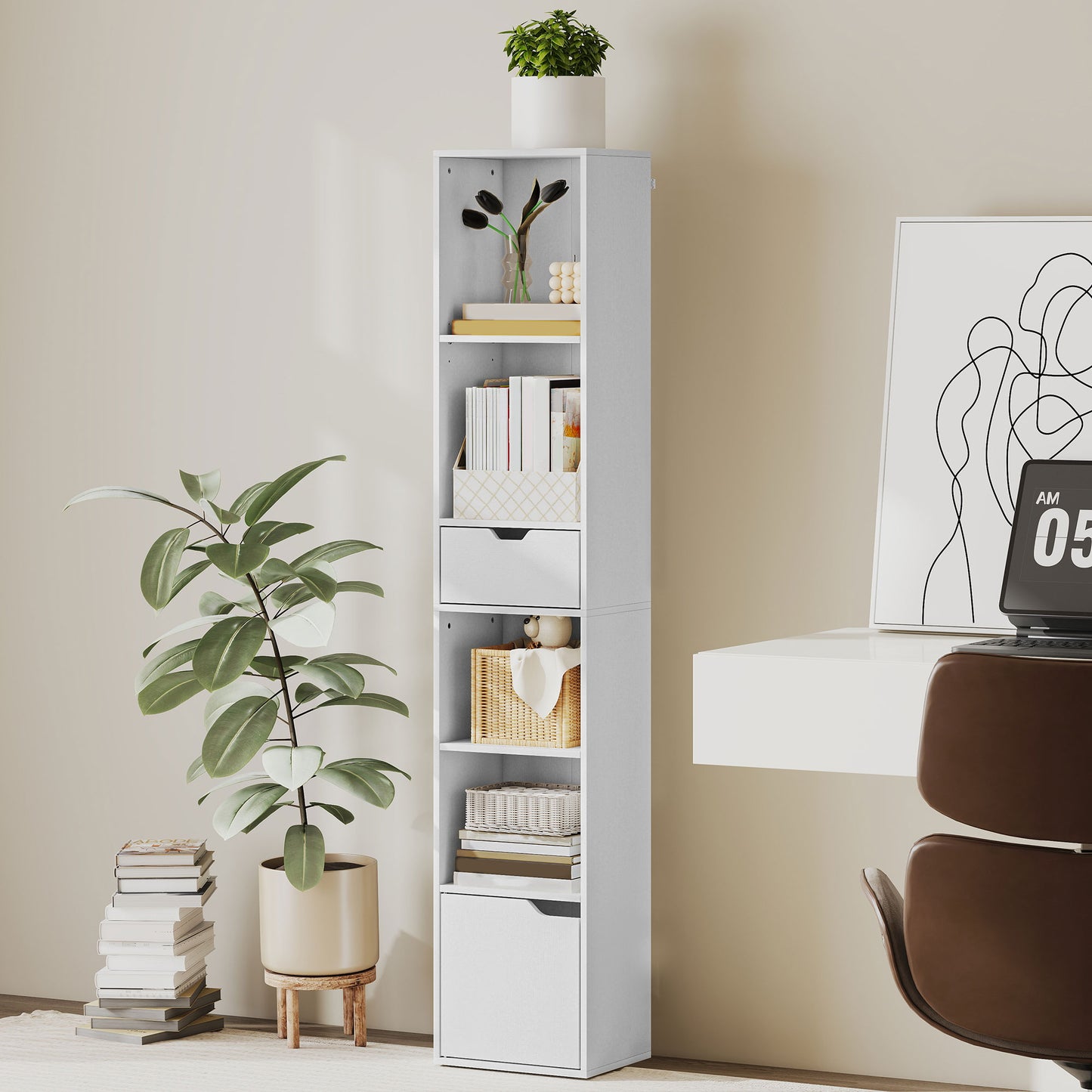 Narrow Bookshelf with Drawer, Tall Bookcase for Living Room, White