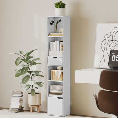 Narrow Bookshelf with Drawer, Tall Bookcase for Living Room, White