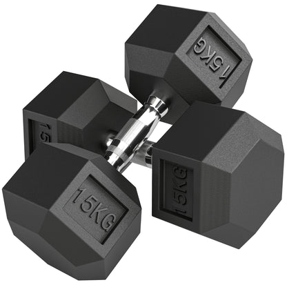 2x15KG Rubber Hex Dumbbell Portable Hand Weights Dumbbell for Home Gym Workout Fitness