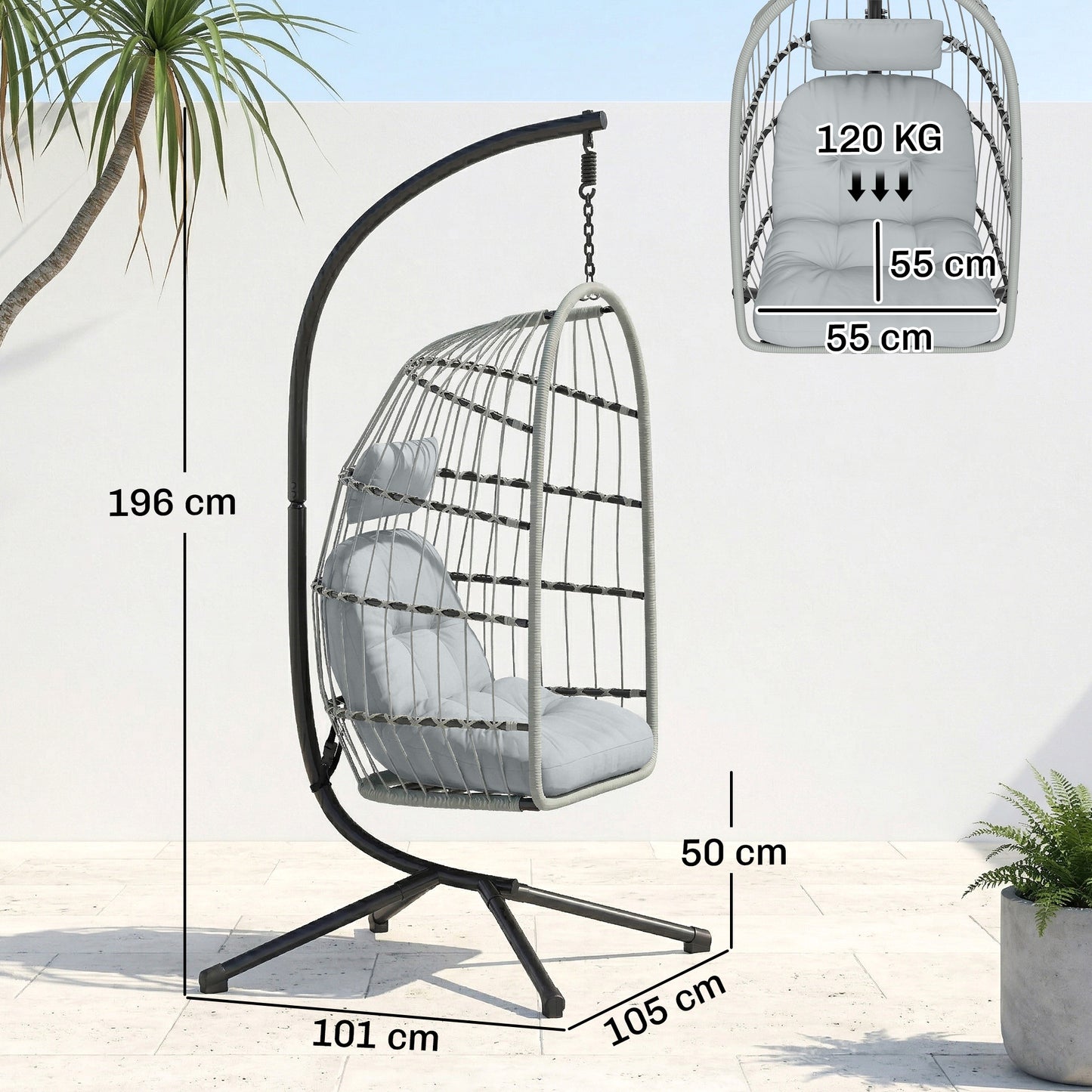 Hanging Egg Chair, Outdoor Swing Chair with Stand, Light Grey