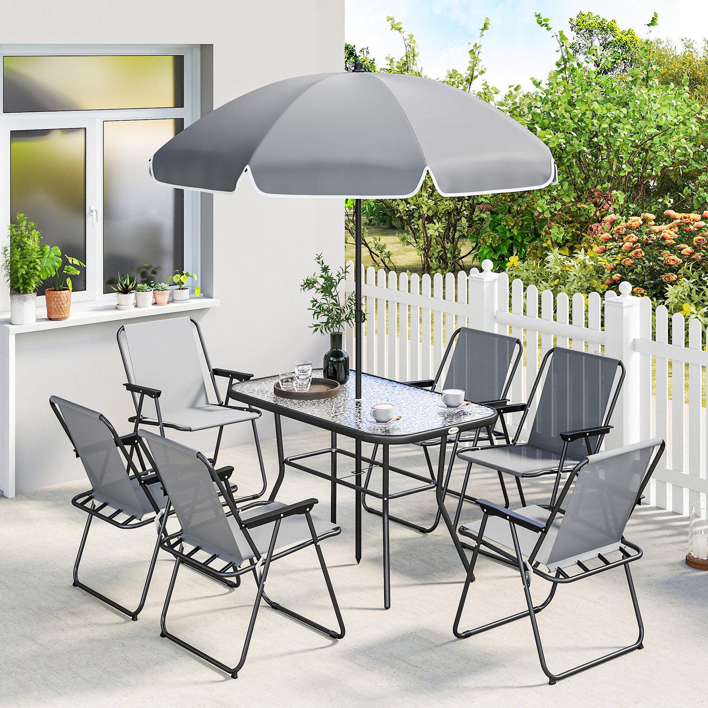 8 Piece Garden Dining Set with 6 Folding Chairs and Umbrella, Grey