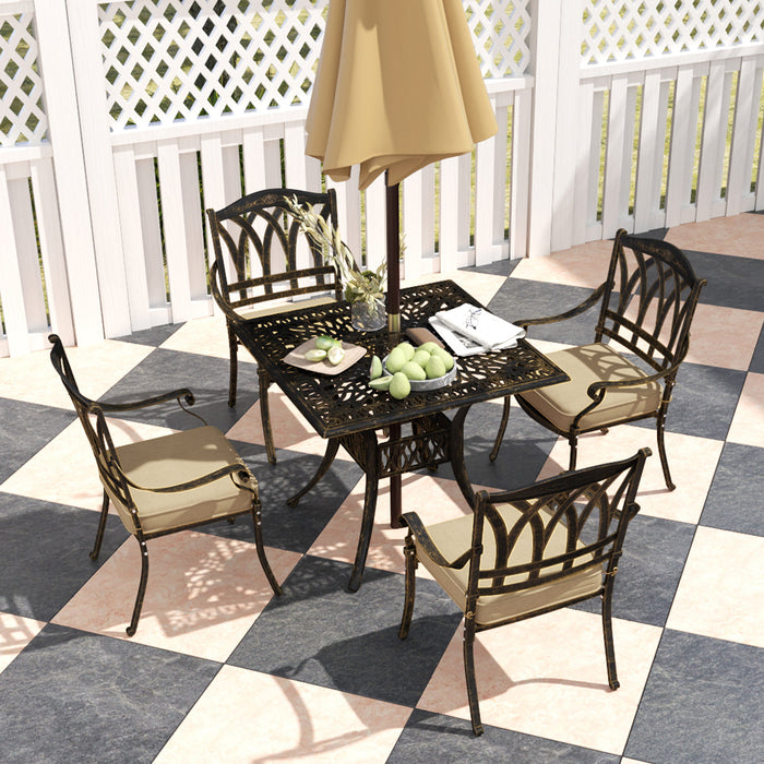 5 Pieces Cast Aluminium Garden Dining Set with Parasol Hole, Bronze