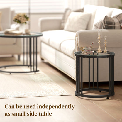 2 Pieces Round Nesting Coffee Tables with Tempered Glass Top, Black