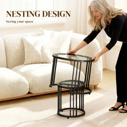 2 Pieces Round Nesting Coffee Tables with Tempered Glass Top, Black