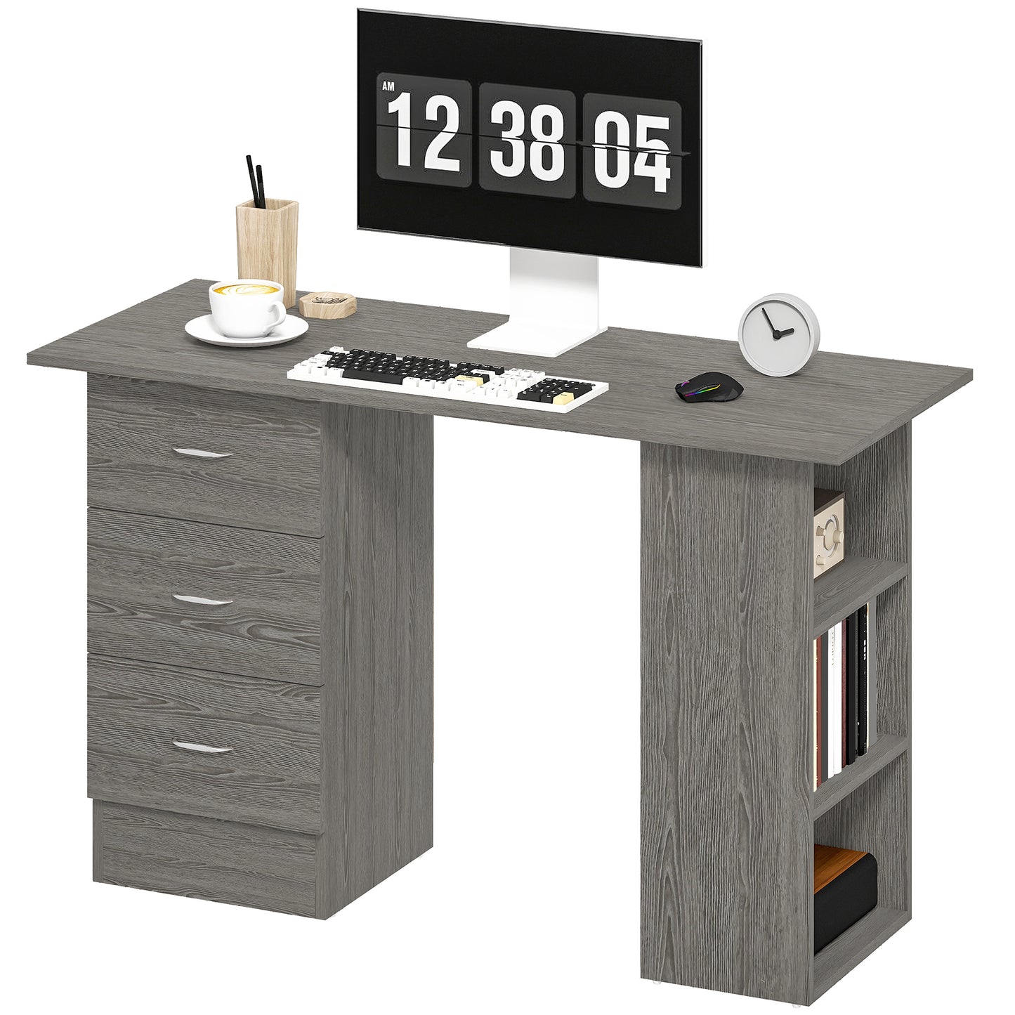 120cm Computer Desk, Study Table with 3 Shelf & Drawers, Grey