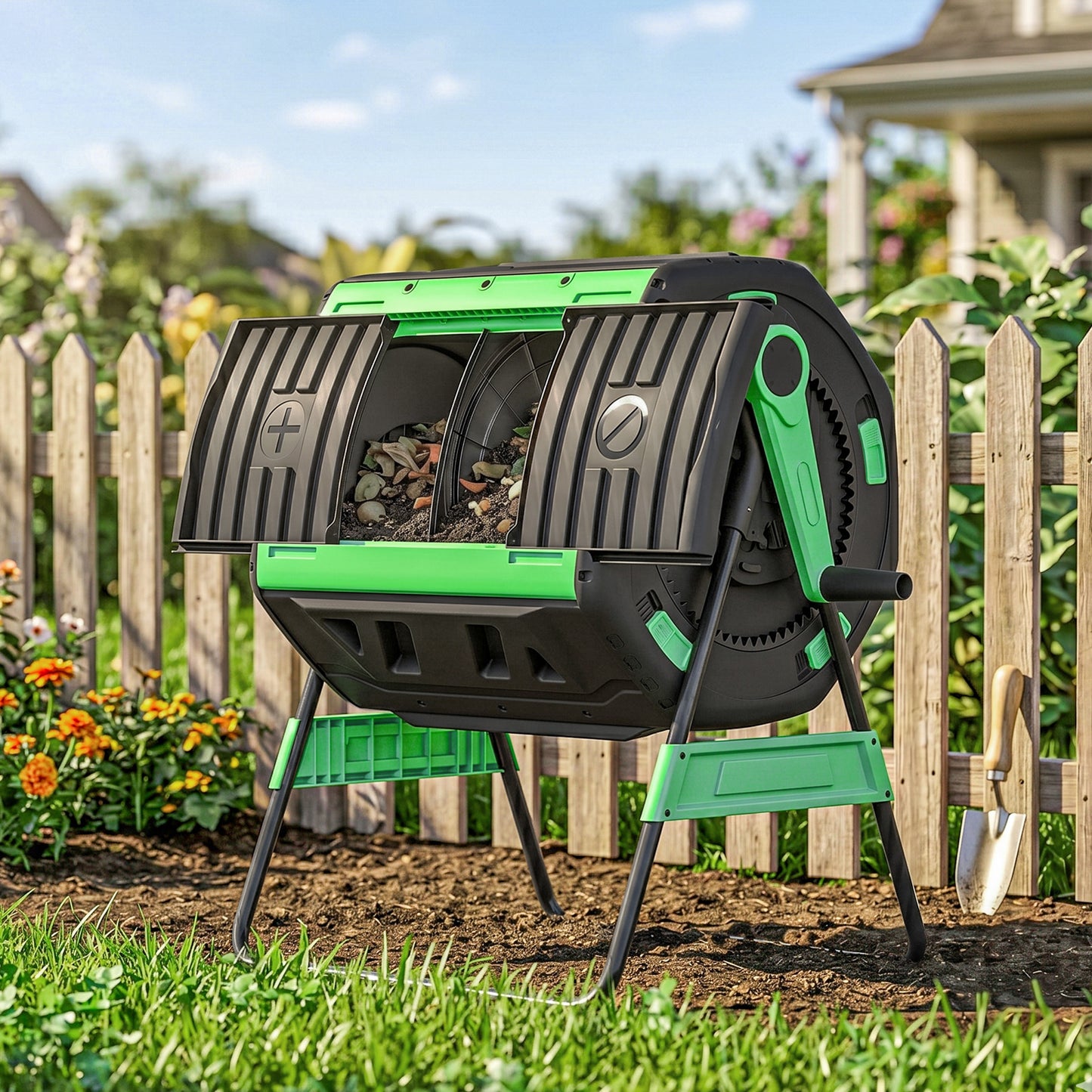 200L Compost Bin, Dual Chamber Rotating Tumbling Composter