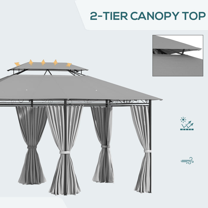 4m x 3(m) Metal Gazebo Canopy Party Tent Garden Pavillion Patio Shelter Pavilion with Curtains Sidewalls, Grey