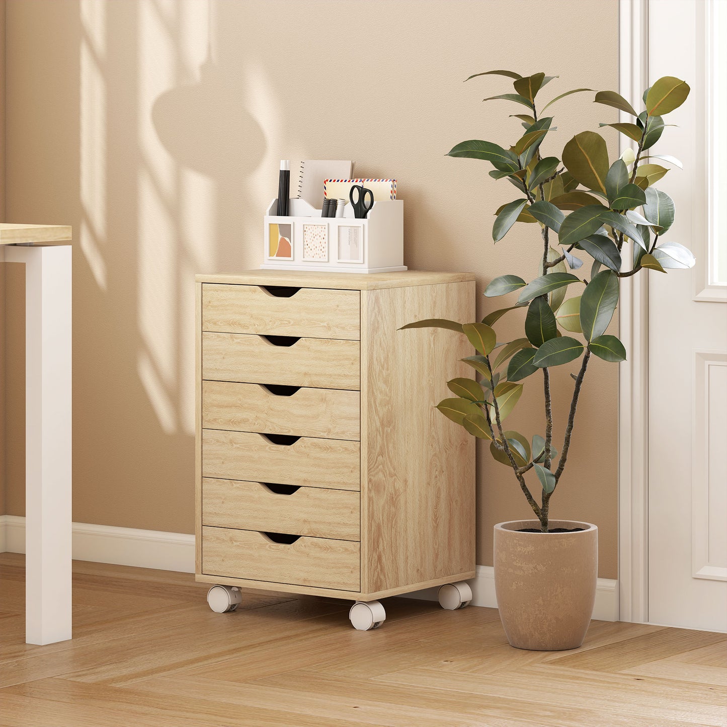 6 Drawer Vertical File Cabinet with Quiet Drawers and Wheels, Oak