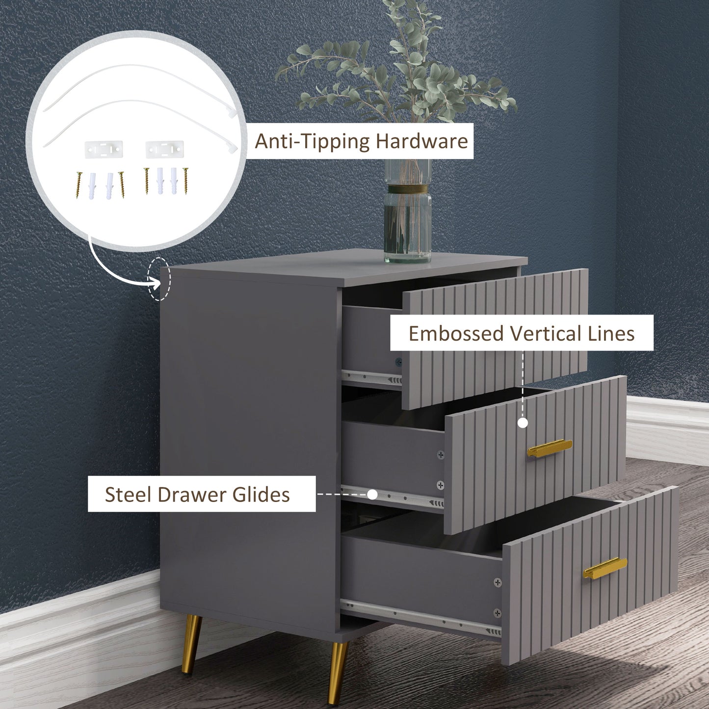 Bedroom Chest of Drawers, 3-Drawer Dresser with Aluminium Legs