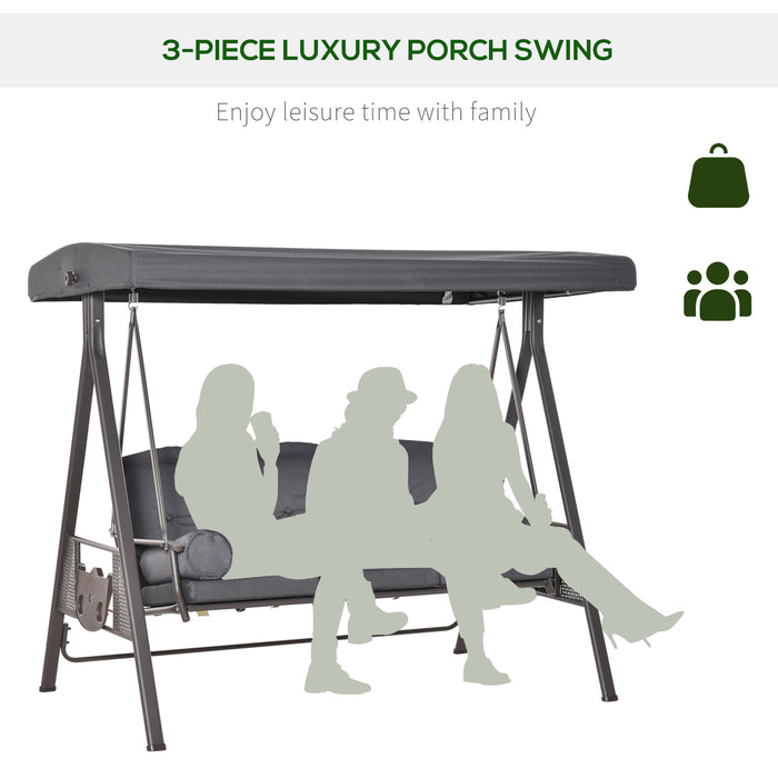 3 Seater Garden Swing Chair Outdoor Hammock Bench w/ Adjustable Canopy, Cushions and Cup Trays, Steel Frame, Grey