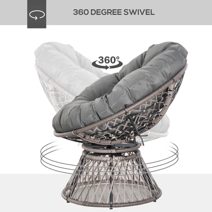 360° Swivel Rattan Papasan Moon Bowl Chair Round Lounge Garden Wicker Basket Seat with Padded Cushion Oversized for Outdoor Indoor, Grey