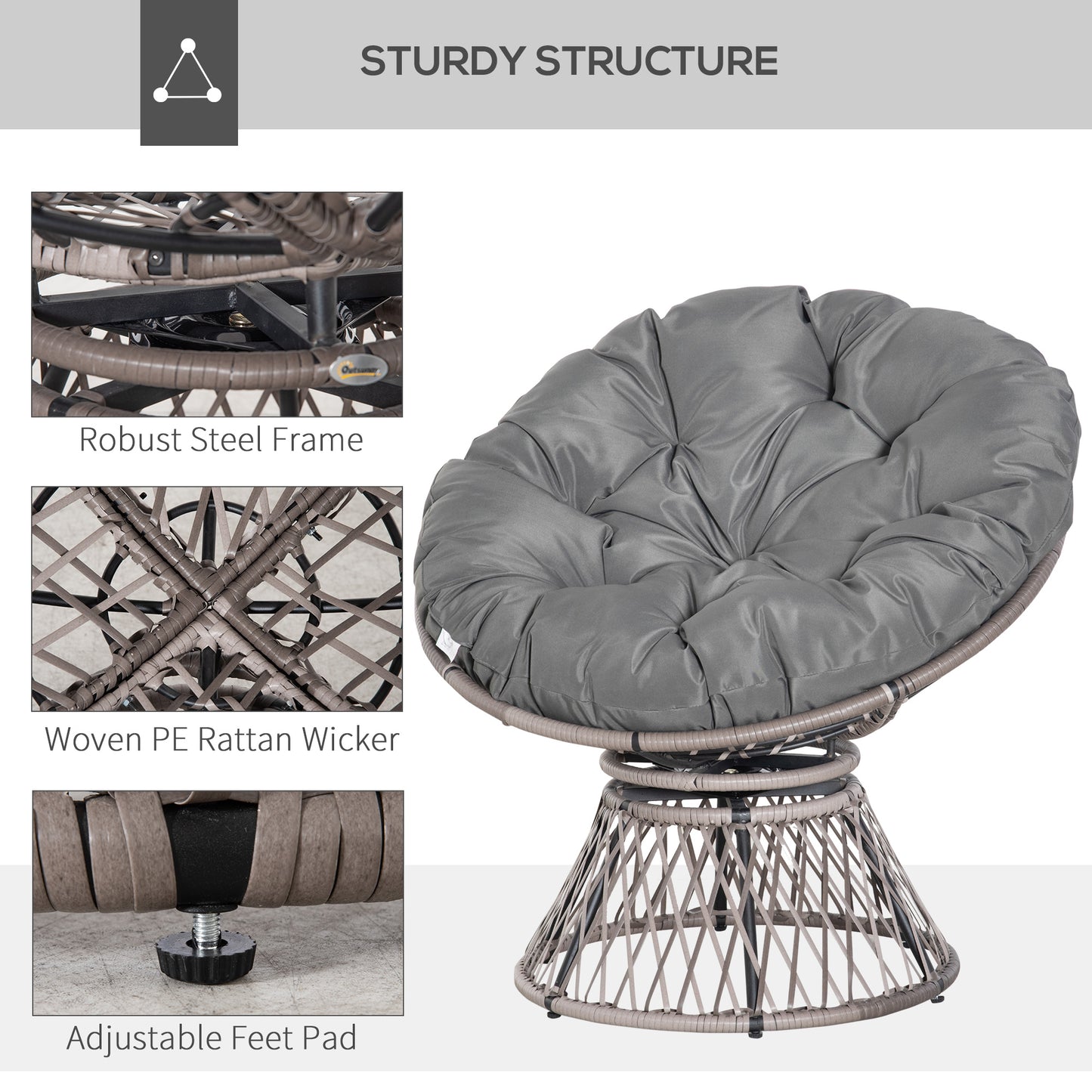 360° Swivel Rattan Papasan Moon Bowl Chair Round Lounge Garden Wicker Basket Seat with Padded Cushion Oversized for Outdoor Indoor, Grey