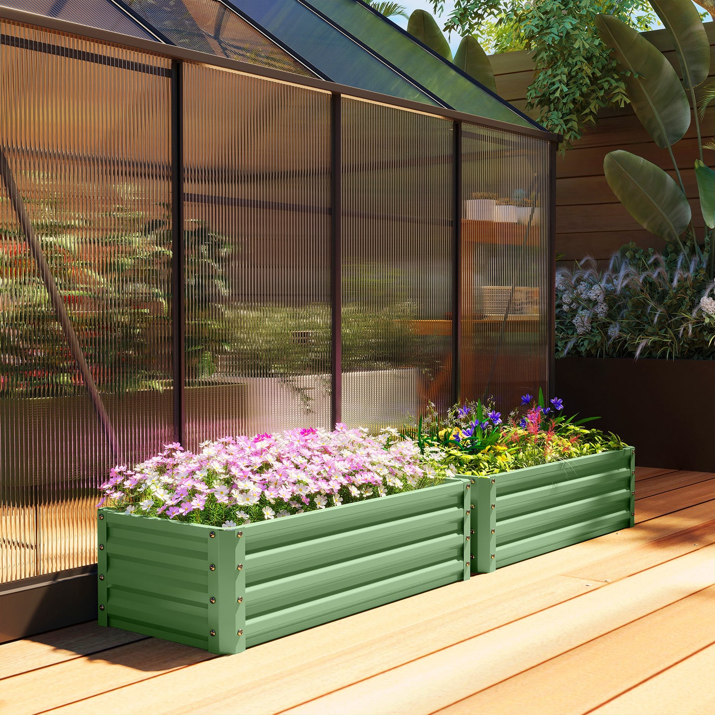 Set of 2 Raised Garden Bed, Outdoor Planter Box with Galvanised Steel Frame for Growing Vegetables, Flowers and Herbs, 110 x 50 x 30 cm, Light Green