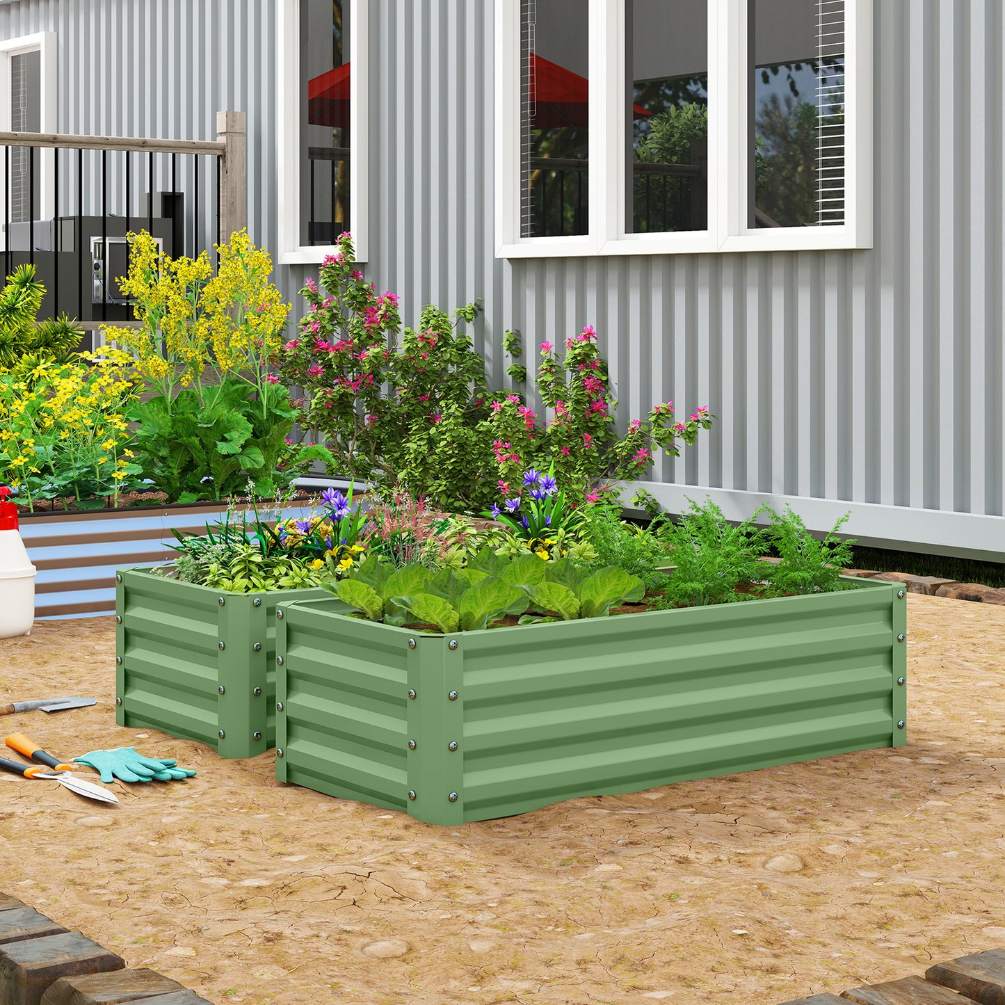 Set of 2 Raised Garden Bed Galvanised Planter Box, Light Green