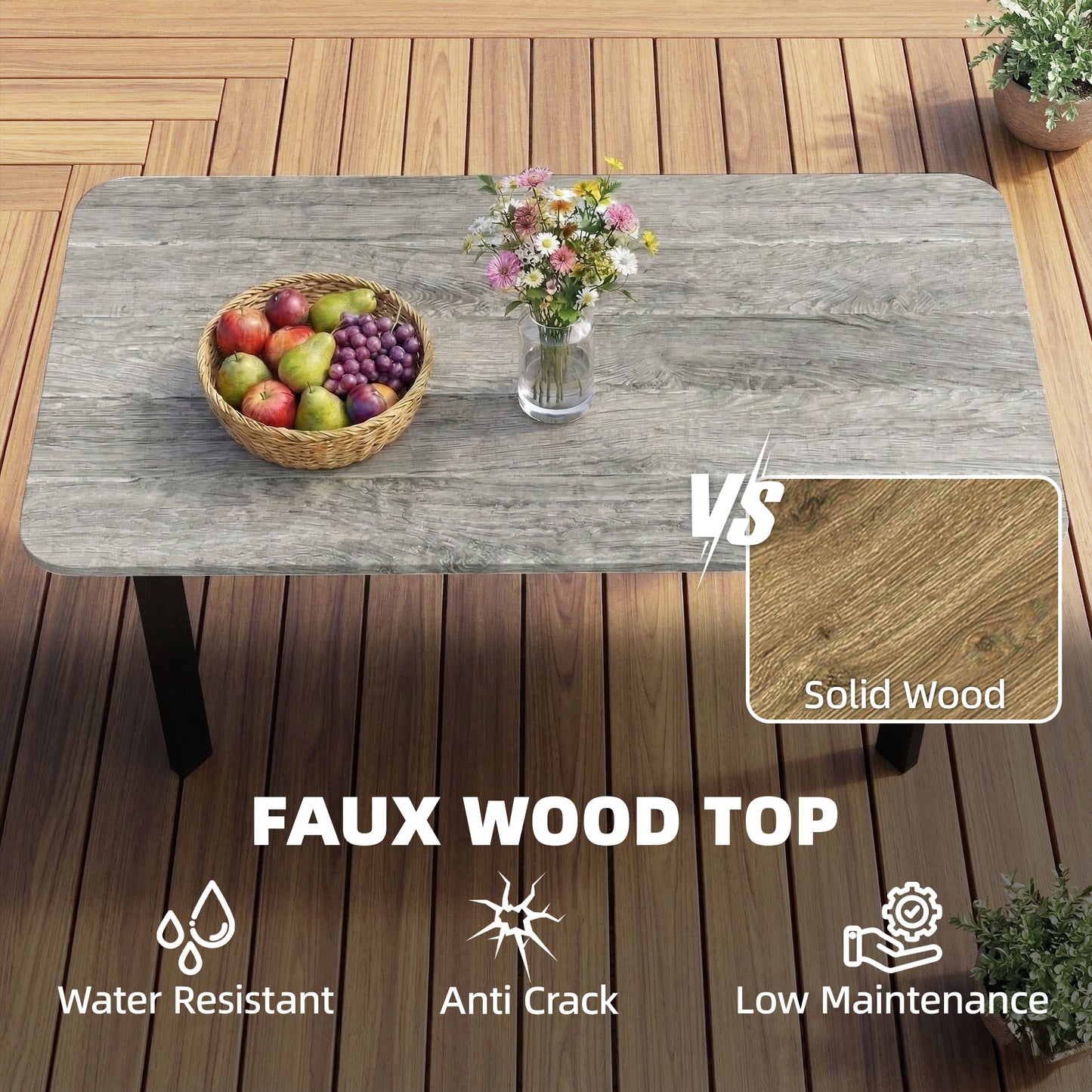 Outdoor Coffee Table, Garden Table with Slatted WPC Top, Grey