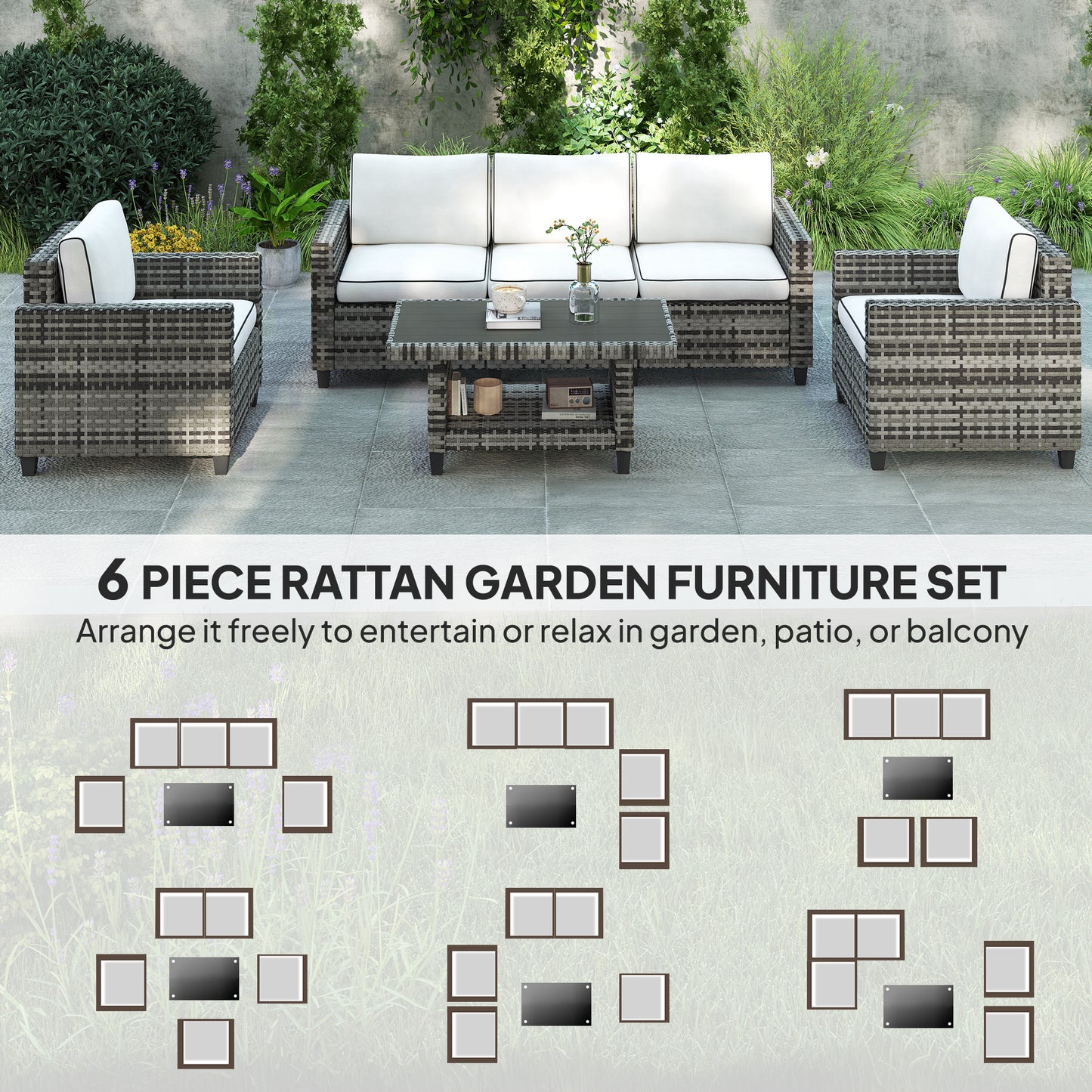 5 Seater Wicker Outdoor Furniture Set for Balcony, Light Grey