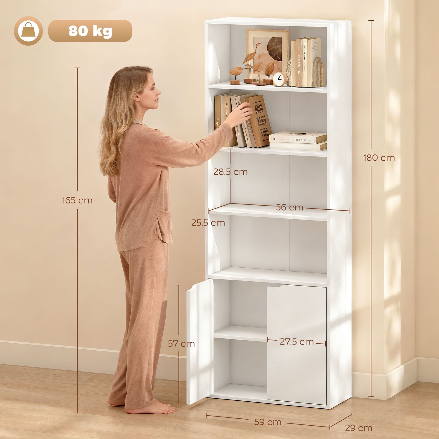 2 Door 4 Shelves Bookcase Wooden Storage Cabinet Display Unit White