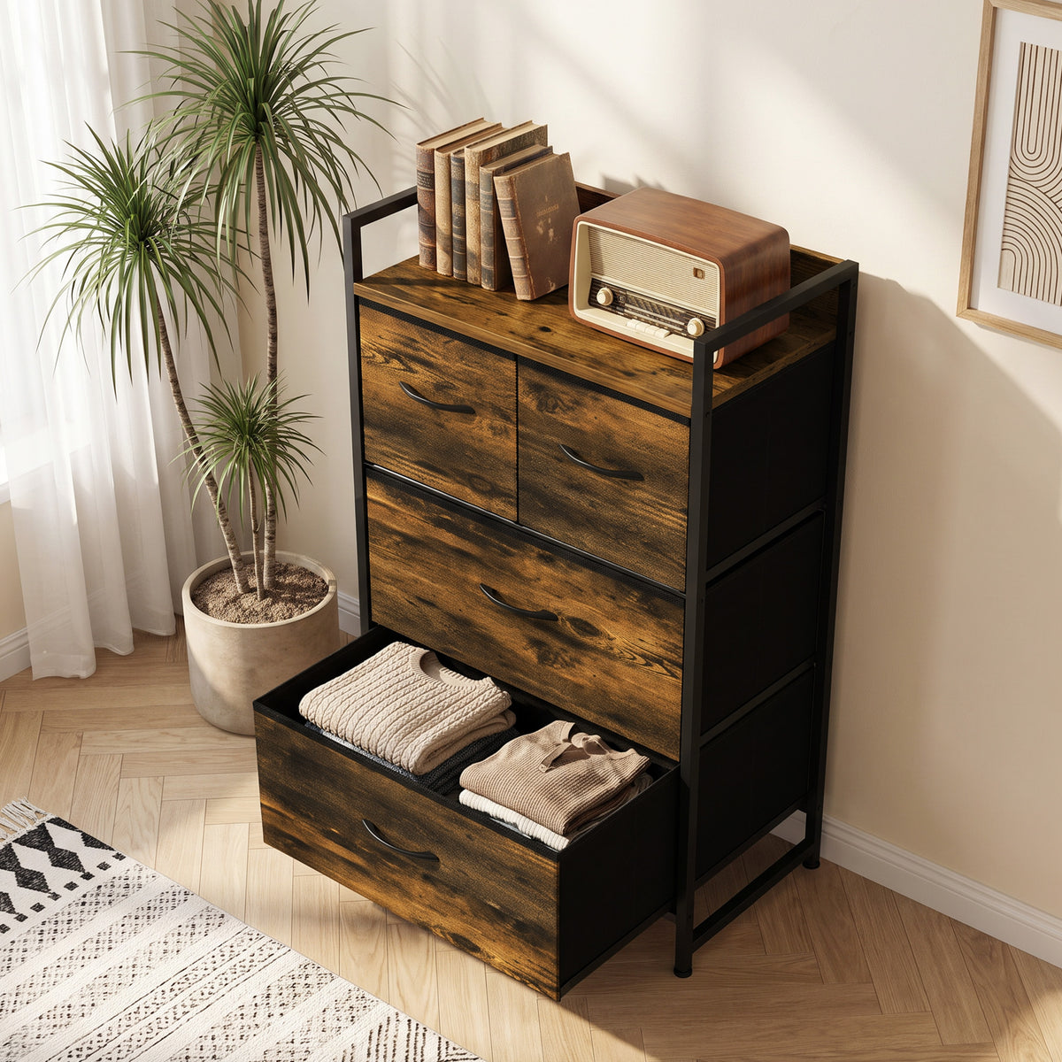4-Drawer Fabric Chest with Top Shelf and Steel Frame - Rustic Brown & Black