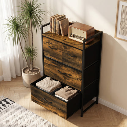 4-Drawer Fabric Chest with Top Shelf and Steel Frame - Rustic Brown & Black