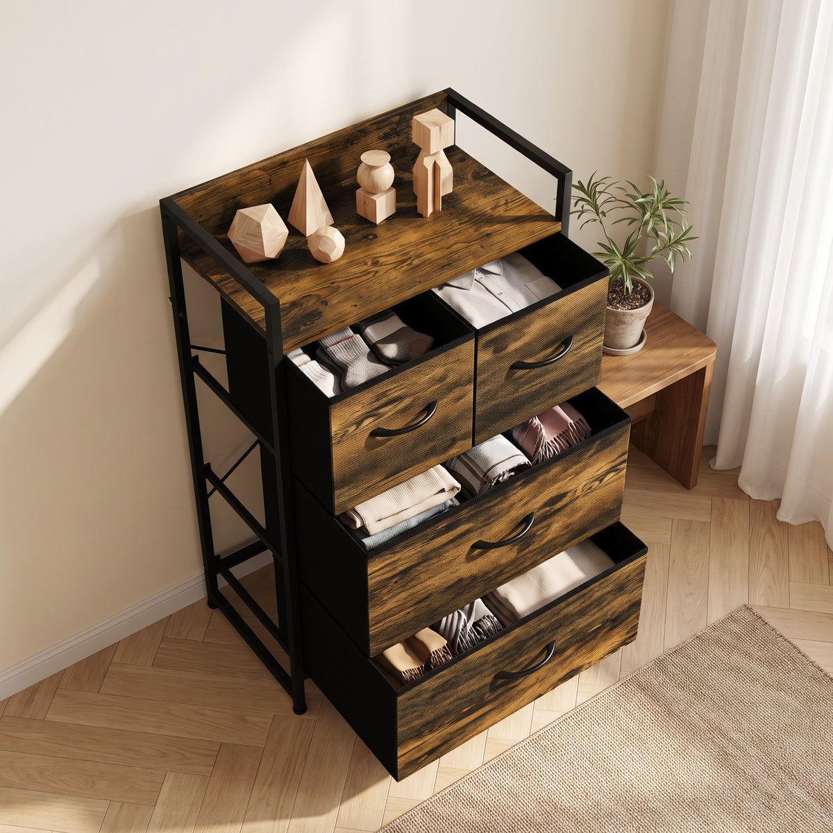 4-Drawer Fabric Chest with Top Shelf and Steel Frame - Rustic Brown & Black