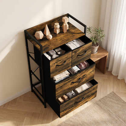 4-Drawer Fabric Chest with Top Shelf and Steel Frame - Rustic Brown & Black