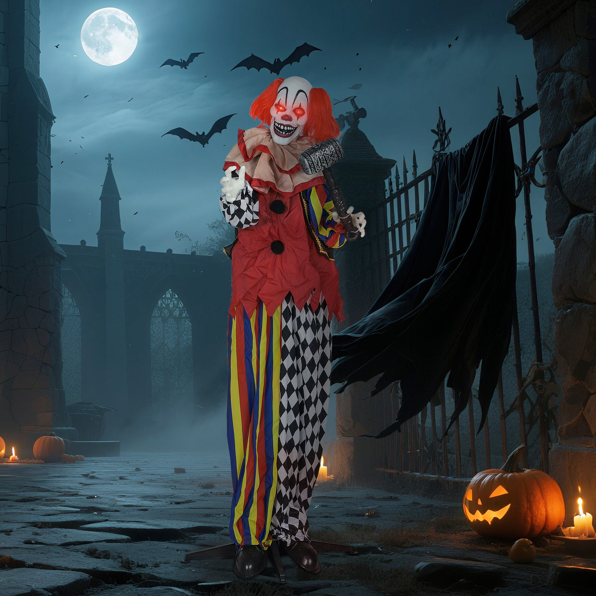 Sound Activated Halloween Animatronics Clown with Red Light Up Eyes