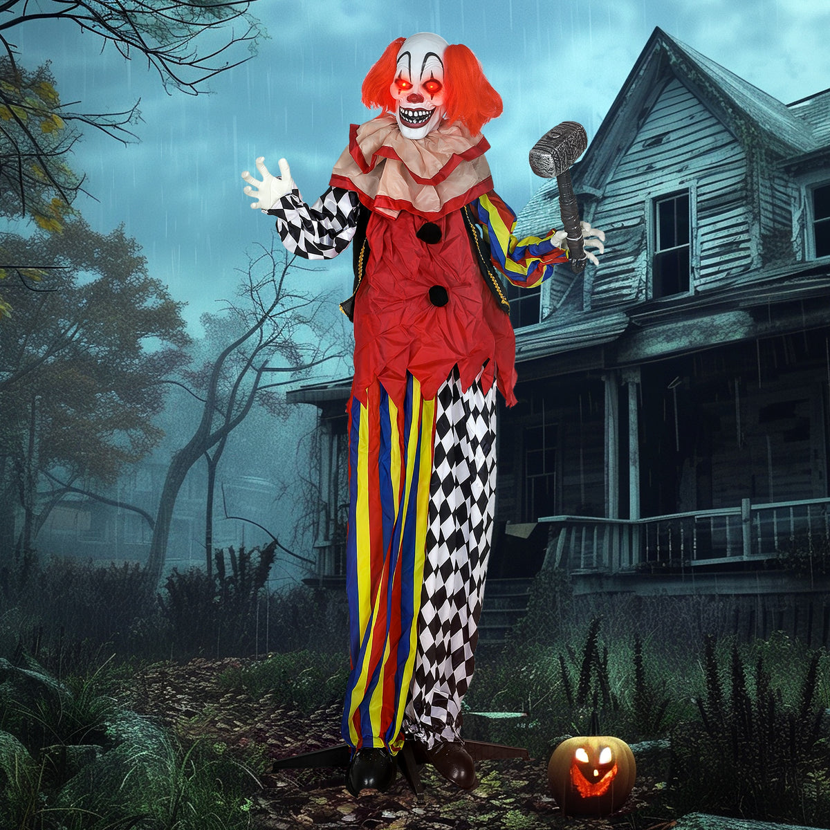 Sound Activated Halloween Animatronics Clown with Red Light Up Eyes