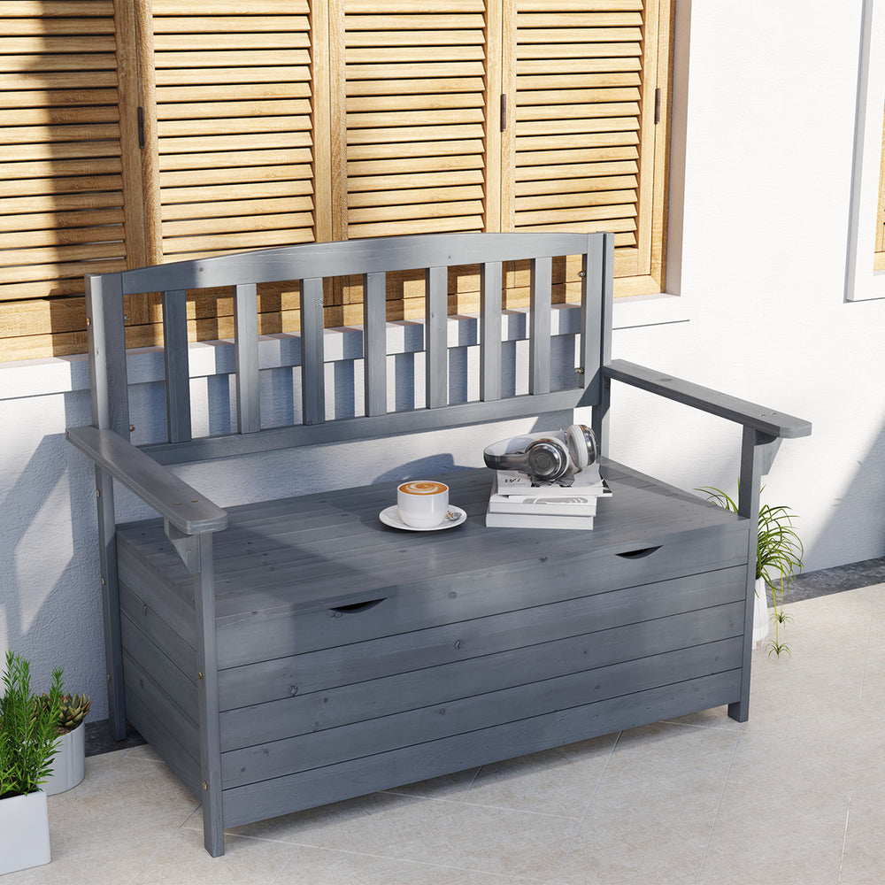 Garden Storage Bench, 2 Seater Fir Wood Outdoor Bench, Dark Grey