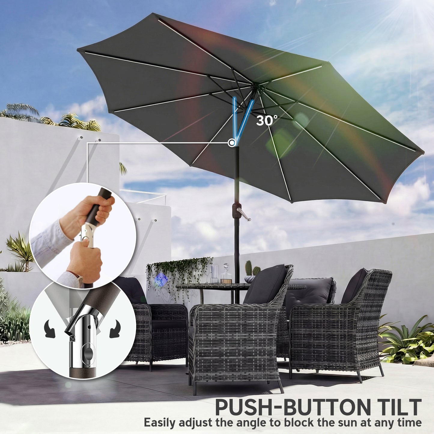3 m Garden Parasol Umbrella with LED Lights, Patio Umbrella Grey