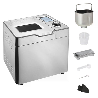 25 in 1 Bread Machine 0.9 KG Capacity Programmable Stainless Steel Dough Maker with Auto Fruit Nut Dispenser Nonstick Pan 3 Loaf Sizes, 550W