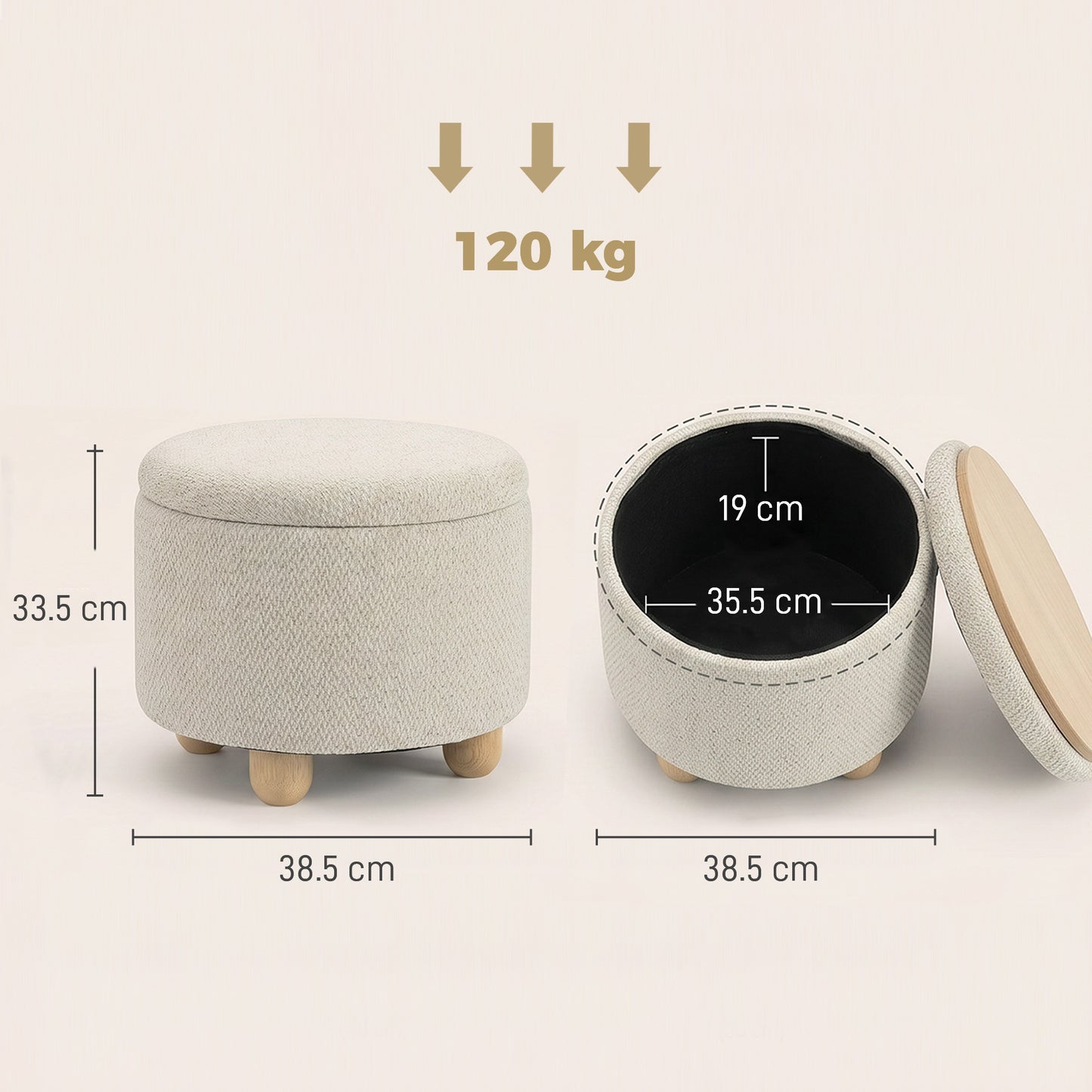 Round Storage Ottoman with Reversible Lid, Beige