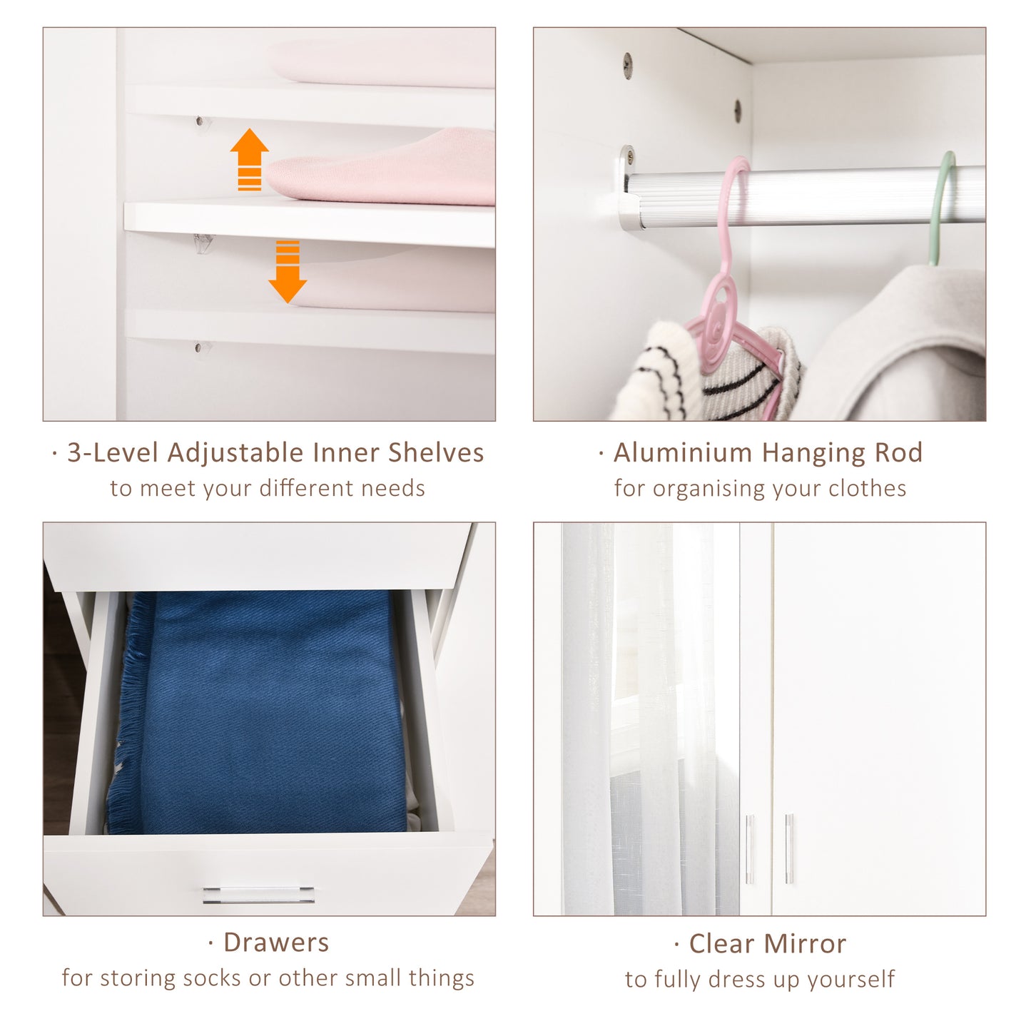 Modern Mirror Wardrobe 2 Door Storage Cupboards Home Storage Organisation Furniture with Adjustable Shelf, 3 Drawers, 80W x 50D x 180Hcm-Whit