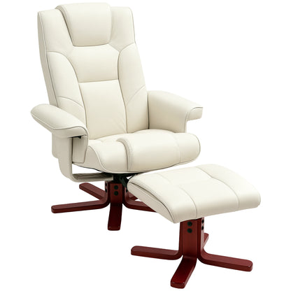 Recliner Chair with Footstool, PU Leather Rocker Recliner Armchair with High Back, Wooden Base, Reclining Chair for Living Room, Bedroom, Cream White