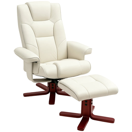 Recliner Chair with Footstool, PU Leather Rocker Recliner Armchair with High Back, Wooden Base, Reclining Chair for Living Room, Bedroom, Cream White