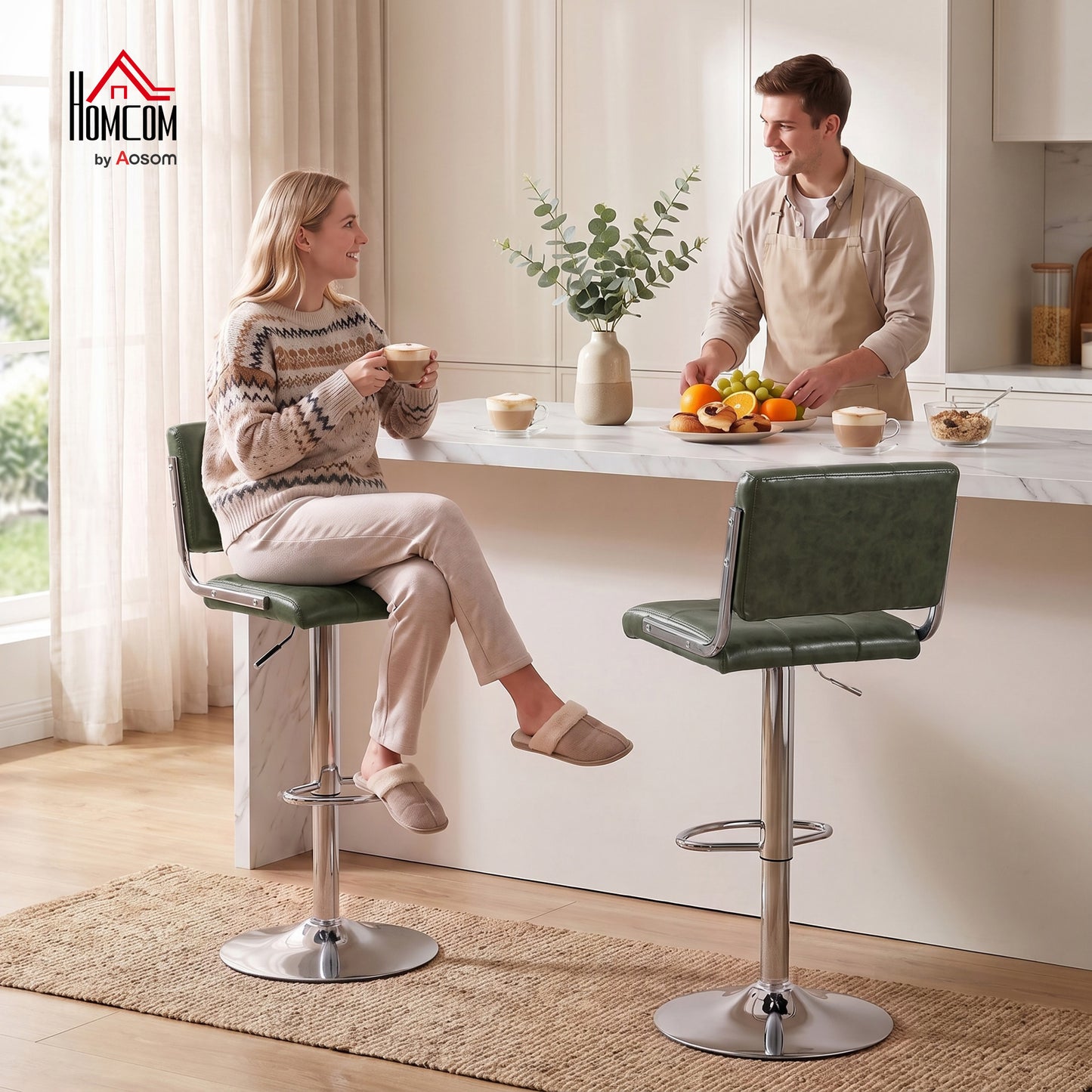 Adjustable Bar Stools Set of 2 with Backrest Green