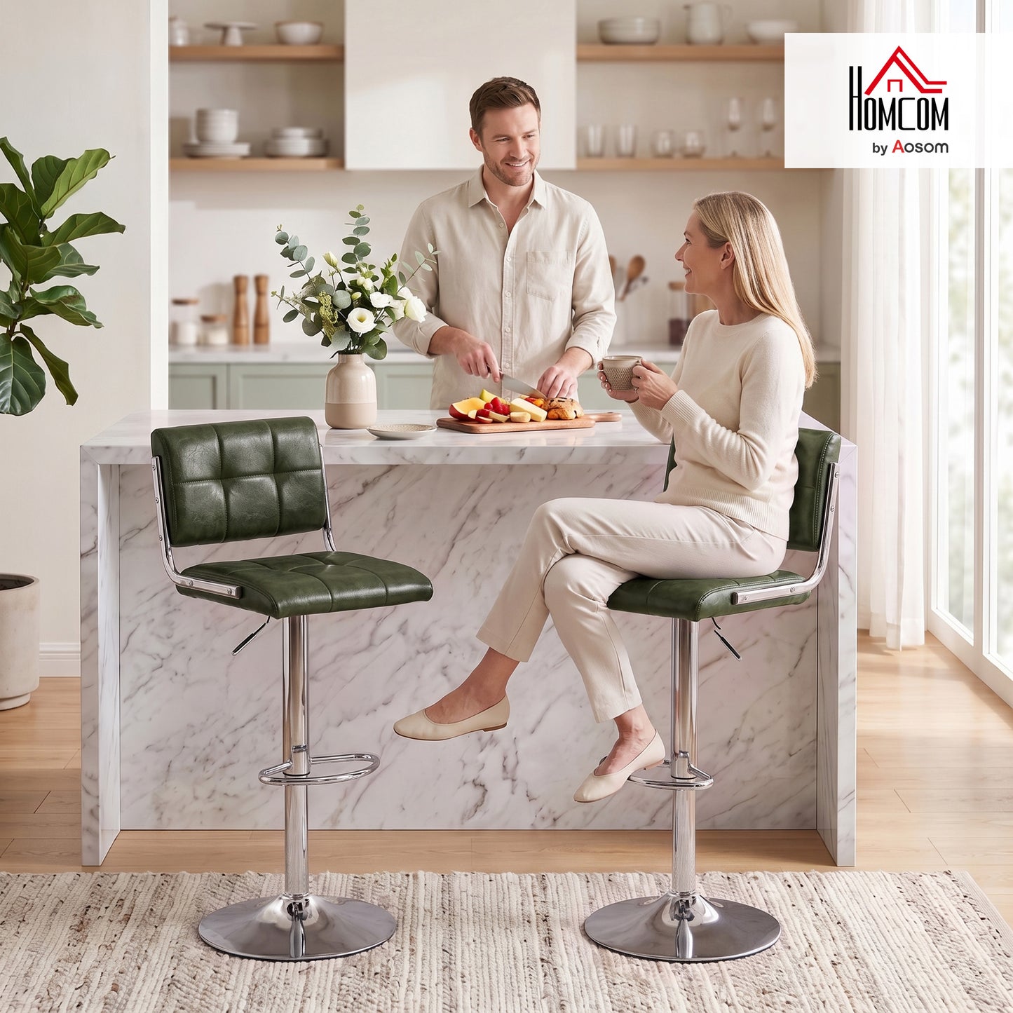 Adjustable Bar Stools Set of 2 with Backrest Green