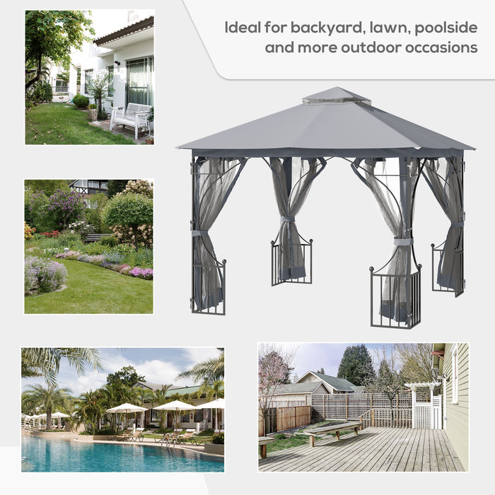 3 x 3 M Garden Gazebo Patio Party Tent Shelter Outdoor Canopy Double Tier Sun Shade Metal Frame Grey