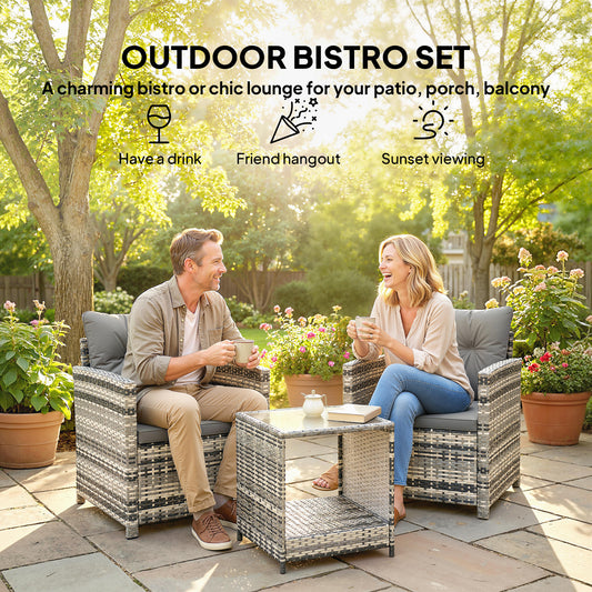 Rattan Garden Furniture Bistro Set with Cushion, Mixed Grey