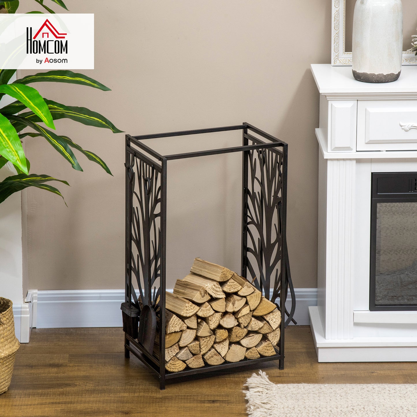 Steel Firewood Log Holder Indoor Outdoor Firewood Rack Fireplace Wood Storage Shelf with 4 Tools, Hooks, Tree Pattern Design, Rust-Resistant, Black, 46W x 30D x 70H cm