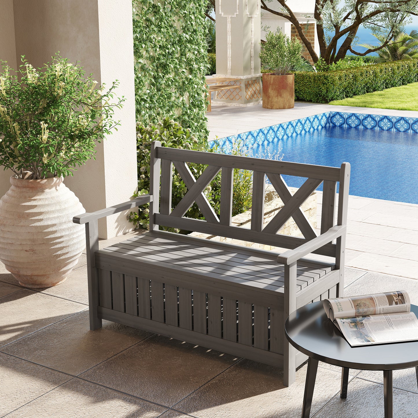 Wood Storage Garden Bench for Patio Outdoor Seating, Charcoal Grey